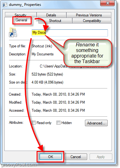renombrar un acceso directo de la barra de tareas de Windows 7