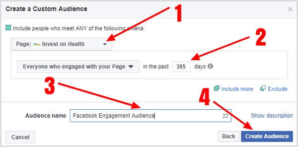 Complete los detalles para crear su audiencia personalizada de participación en la página de Facebook.