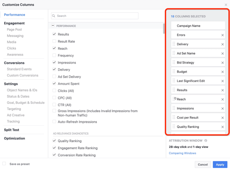 crear un informe personalizado de instantánea de ROI en Facebook Ads Manager, paso 1