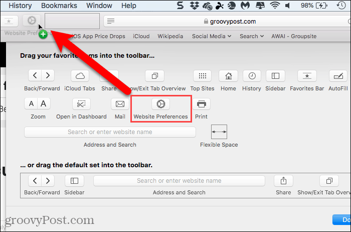 Agregar el botón de Preferencias del sitio web a la Barra de herramientas en Safari para Mac