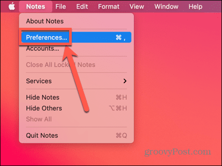 seleccione Preferencias en Notas en Mac
