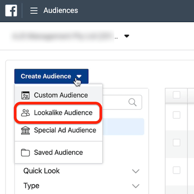 captura de pantalla de la opción Audiencia similar en un círculo en el menú desplegable Crear audiencia en el Administrador de anuncios