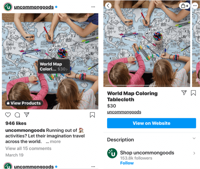 capturas de pantalla que muestran una etiqueta de instagram agregada a una publicación de producto que se puede comprar, así como la página de la tienda del producto una vez que se selecciona una etiqueta de publicación