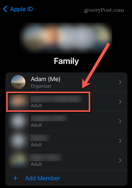 iphone seleccionar miembro de la familia