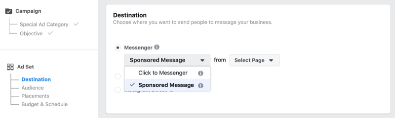 Opción de mensaje patrocinado de Facebook en el administrador de anuncios de Facebook