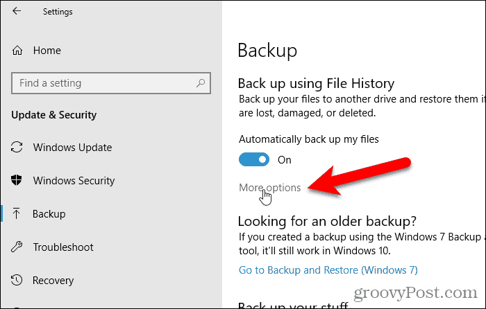 Haga clic en Más opciones para restaurar un archivo