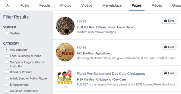 Resultados de búsqueda de páginas de Facebook para Floret.