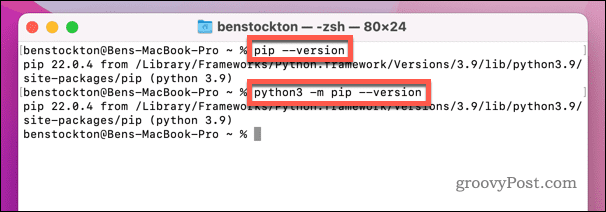 Comprobación de su versión de PIP en Mac