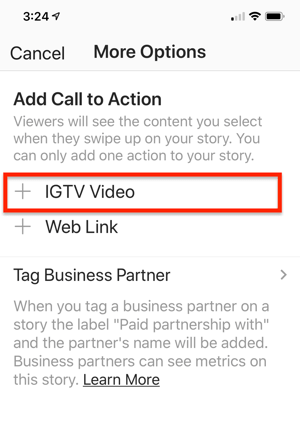 Opción para seleccionar un enlace de video IGTV para agregar a su historia de Instagram.