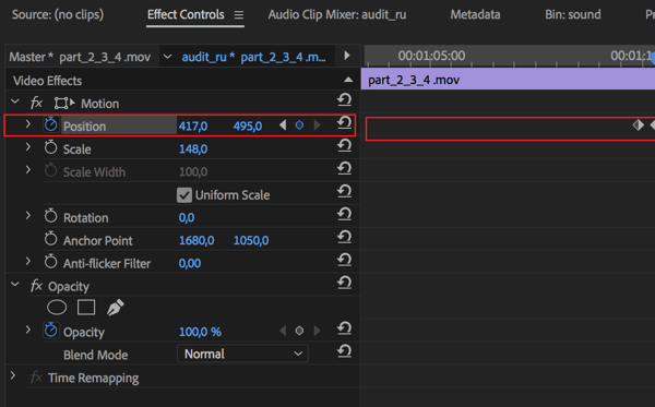 Configuración para ajustar la posición central de cada fotograma en su secuencia en Adobe Premier Pro.