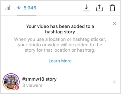 Instagram le envía una notificación si su contenido se agrega a la historia del hashtag.