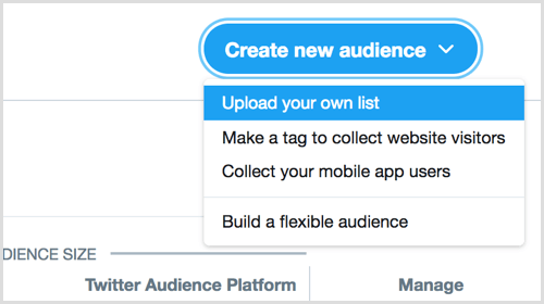 cargue su propia lista para crear una nueva audiencia a través de Twitter Ads
