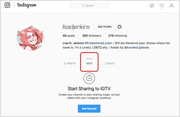 Pestaña IGTV en el perfil de Instagram.