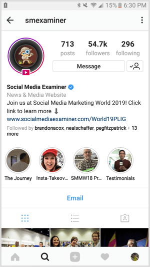 Ejemplo de perfil comercial de Instagram
