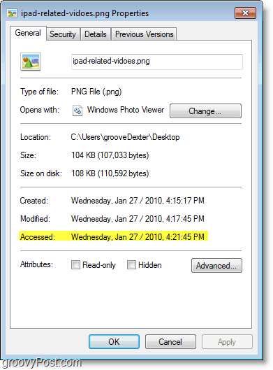 Captura de pantalla de Windows 7: la fecha de acceso no se actualiza muy bien