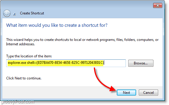 Captura de pantalla de Windows 7: nombre el acceso directo de este nombre de extensión loco