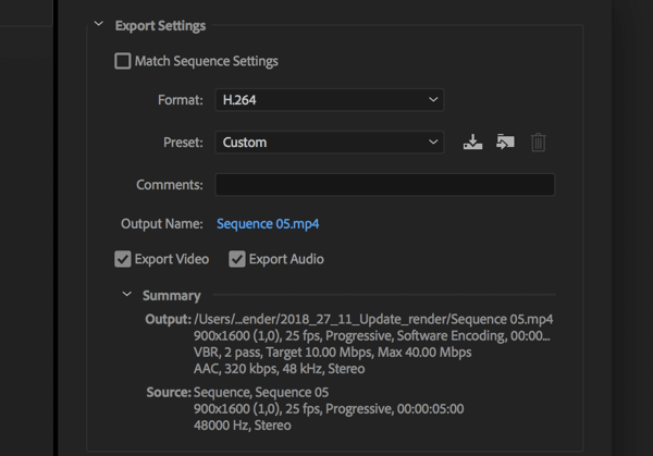 Configuración para exportar su video Adobe Premier Pro con el formato establecido en H.264.