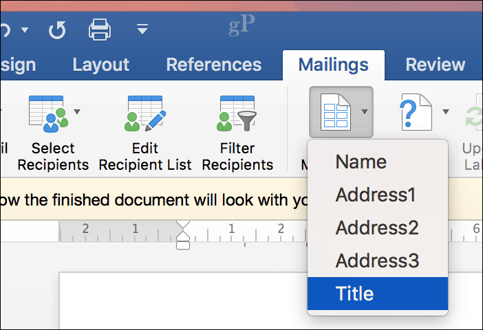 Microsoft Word para Mac Mail Merge - combinar campos