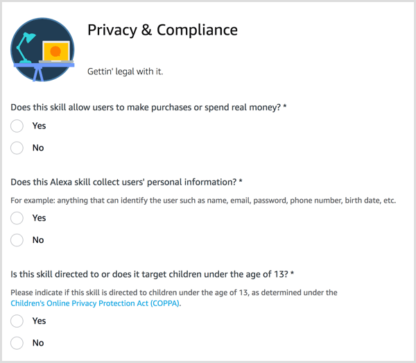 Responda las preguntas de privacidad y cumplimiento para su habilidad de Alexa.