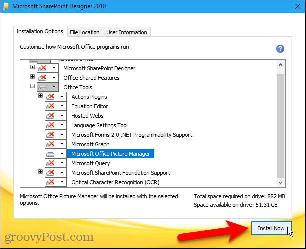 Haga clic en Instalar ahora para instalar Microsoft Office Picture Manager desde Sharepoint Designer 2010