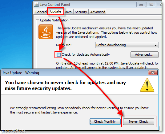 Captura de pantalla: Windows 7 Desactiva las comprobaciones de actualización de Java