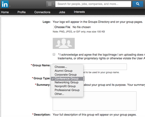 formulario para crear un grupo de linkedin