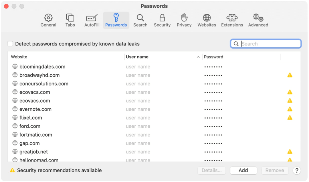 Ejemplos de contraseña de Safari para Mac