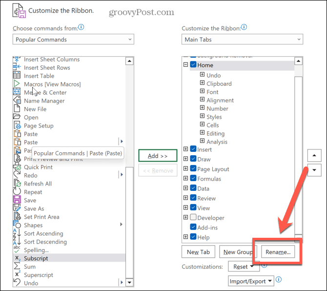 botón de cambio de nombre de Excel