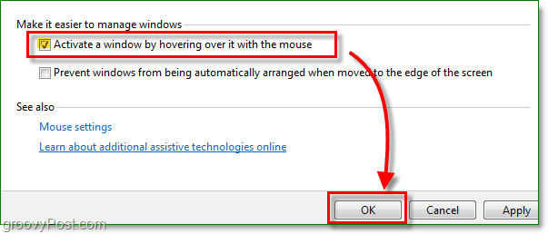 haga clic en la casilla de verificación al lado para activar una ventana al pasar el mouse sobre ella, todo nuevo en Windows 7