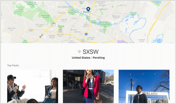 Las personas pueden ver todas las publicaciones de Instagram etiquetadas con la etiqueta geográfica de su evento en una página de exploración de ubicación.