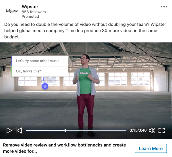 Cómo crear anuncios de LinkedIn basados ​​en objetivos, muestra de anuncios de video patrocinados por Wipster