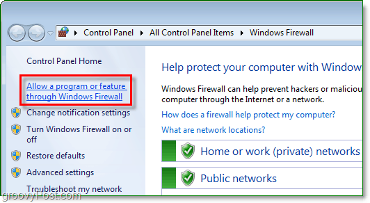 permitir un programa o función a través del firewall de Windows 7