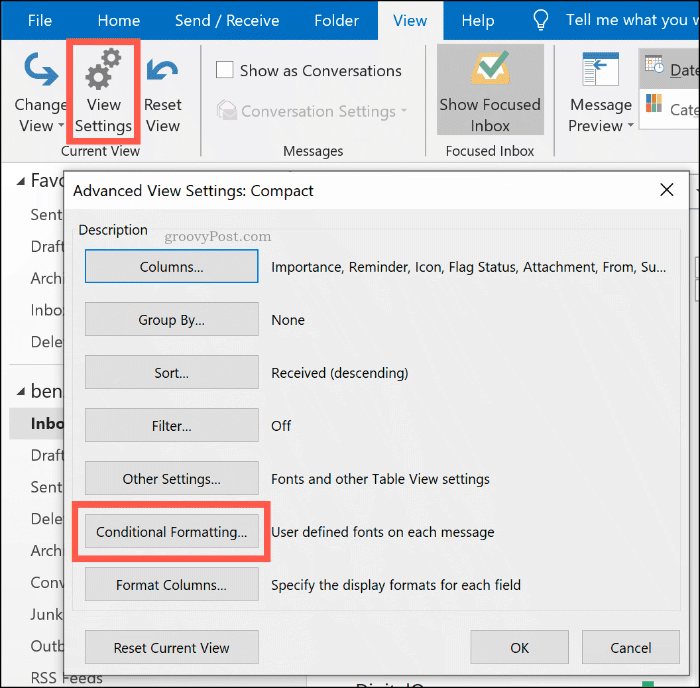 El botón de opciones de formato condicional en Microsoft Outlook