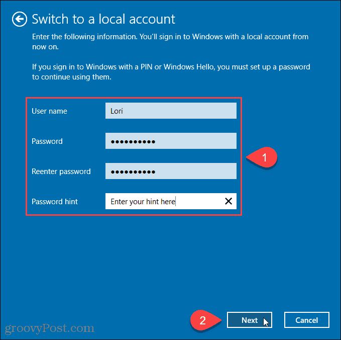 Ingrese el nombre de usuario y la contraseña para la nueva cuenta local