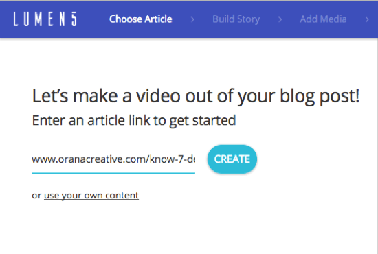 Agrega la URL de la publicación de blog desde la que deseas crear un video de Lumen5.
