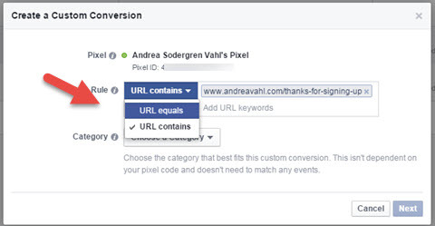 regla de URL de conversiones personalizadas de Facebook