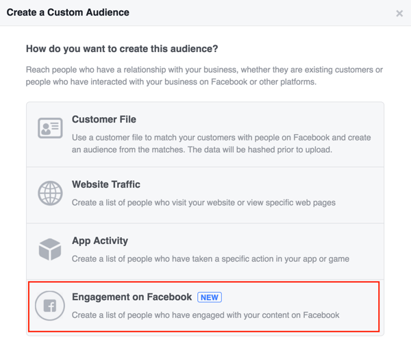 Seleccione Compromiso en Facebook para configurar su audiencia personalizada de Facebook.