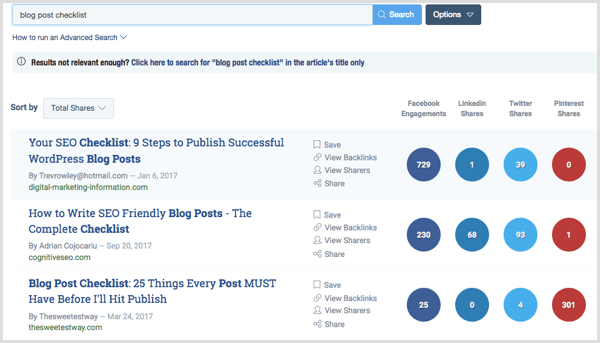 Resultados de búsqueda de palabras clave de BuzzSumo