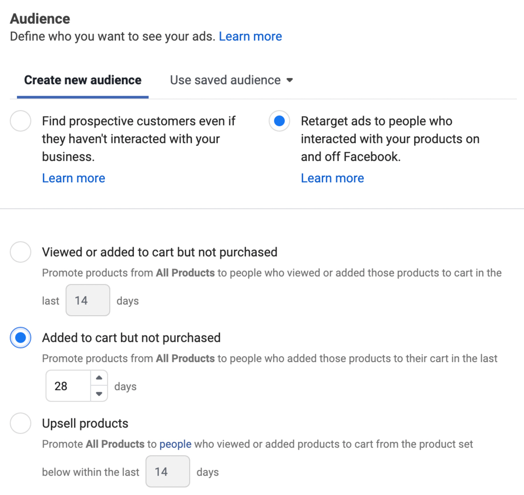 imagen de la opción Reorientar anuncios a personas que interactuaron con sus productos dentro y fuera de Facebook seleccionada en el Administrador de anuncios