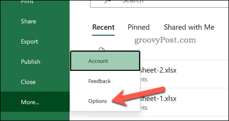 Menú de opciones de archivo de Excel