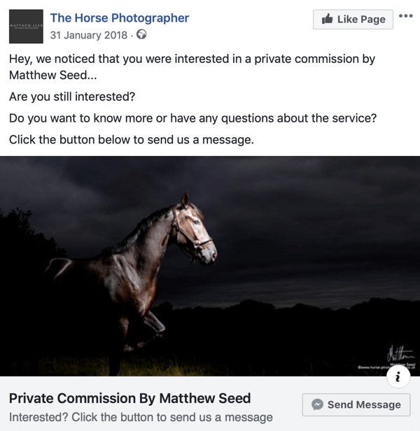 Cómo convertir a los visitantes del sitio web con anuncios de Facebook Messenger, paso 3, ejemplo de publicación de The Horse Photographer