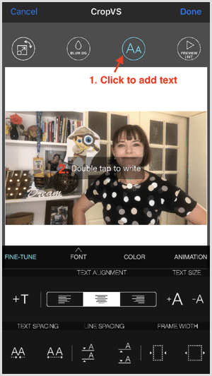 Toque el icono de fuente para agregar texto en CropVS.