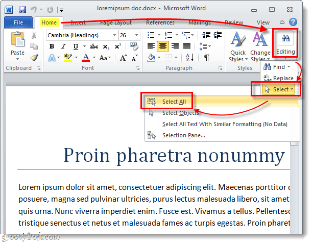 seleccionar todo el texto en un documento de Word 2010