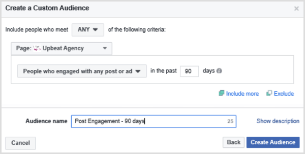 Elija opciones para configurar una audiencia personalizada de Facebook basada en las personas que interactuaron con cualquier publicación o anuncio en los últimos 90 días