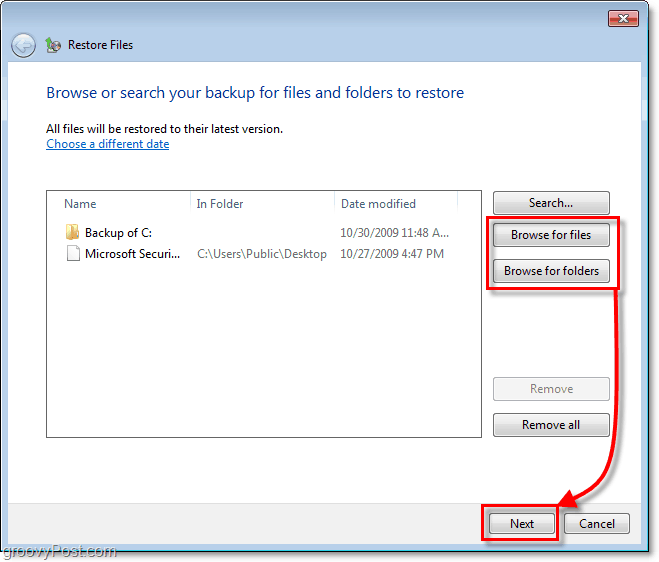 Copia de seguridad de Windows 7: seleccione qué archivos o carpetas desea restaurar