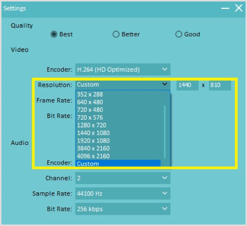 Configuración de resolución de pantalla de Filmora