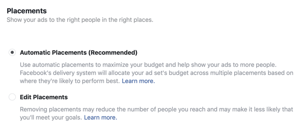Opciones de ubicación para una campaña publicitaria de clientes potenciales de Facebook.