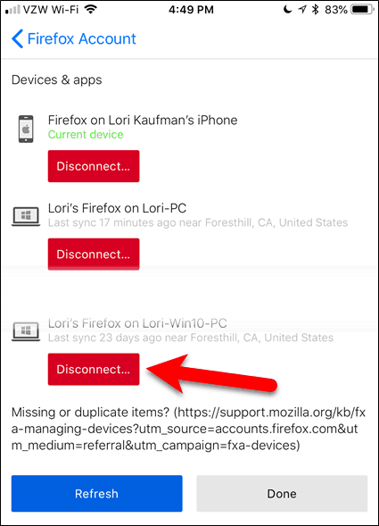 Desconecta un dispositivo en Firefox para iOS