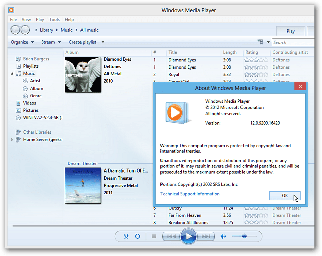 Windows Media Player en el escritorio de Windows 8