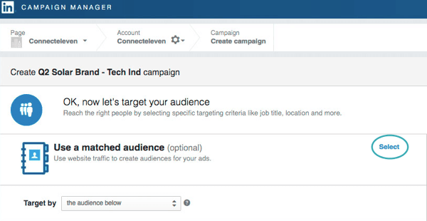 Haga clic en Seleccionar para utilizar el tráfico del sitio web para crear una audiencia.